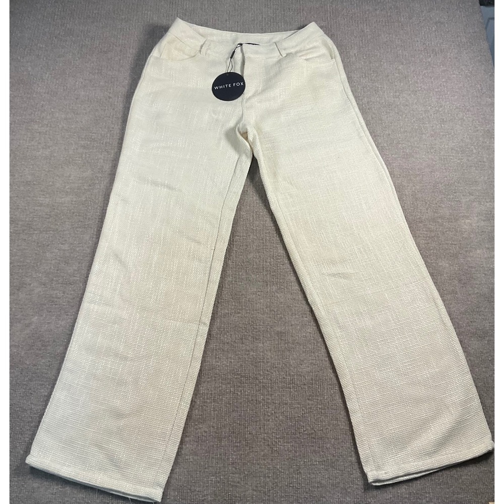 White Fox Cream Textured Tweed Wide Leg Trousers Pants Womens Size S NWT